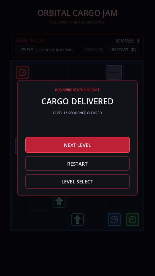 R.E.L.A.Y. cargo delivered win state with Next Level, Restart, and Level Select controls