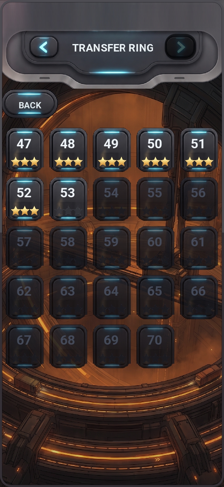 R.E.L.A.Y. Transfer Ring level selection screen with completed and locked stages