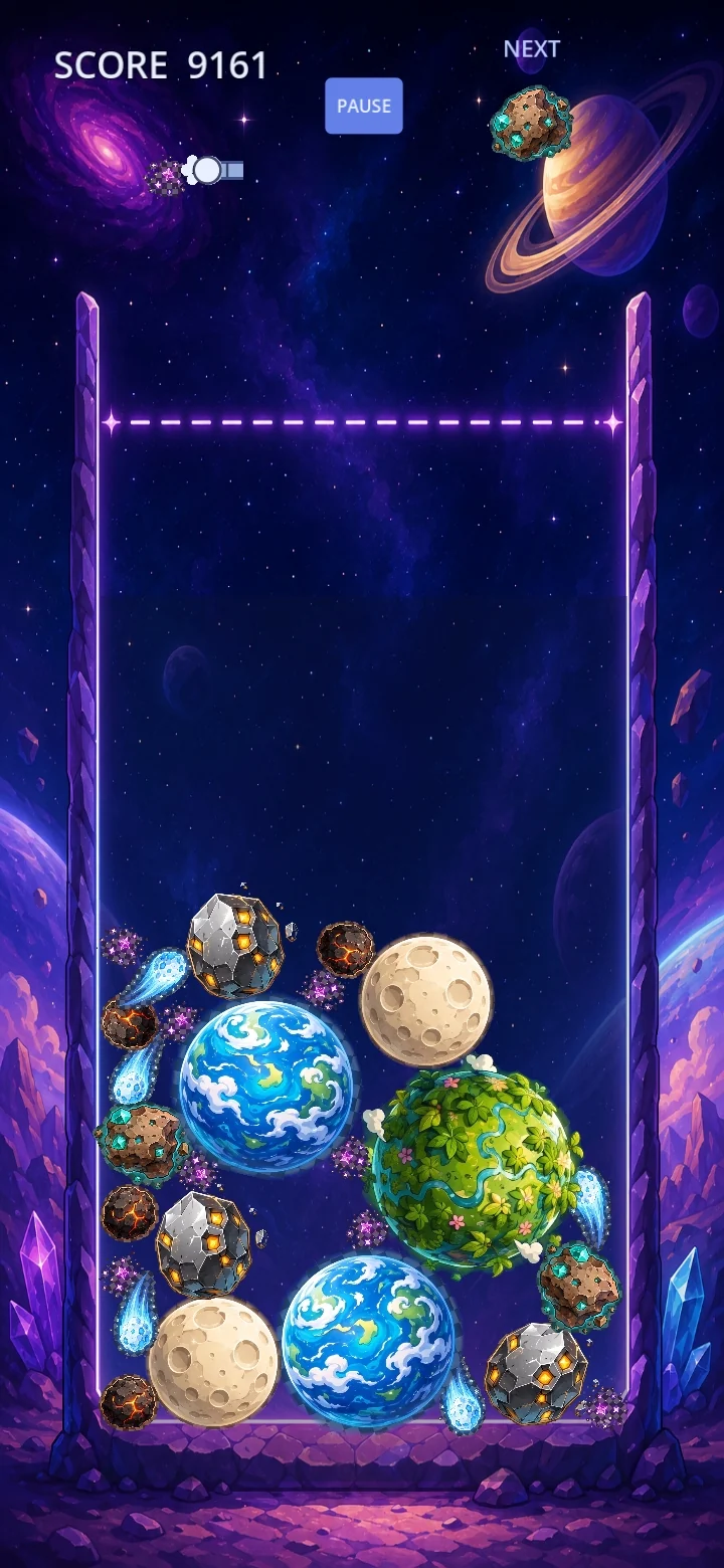 World Drop gameplay showing matching planets merging