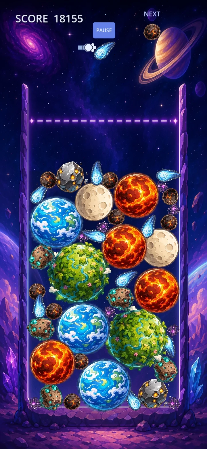 World Drop gameplay showing large merged worlds and a high score run
